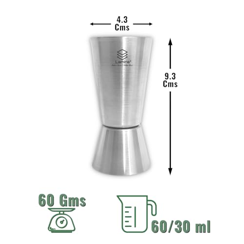 Image of Lamina Set of 2 Stainless Steel Tall Peg Measure (30 /60 ml, Silver) Double-Sided Cocktail Jigger for Home, Kitchen, Hotels & Professional Bartenders - Drink Measuring Bar Tool (with Box).