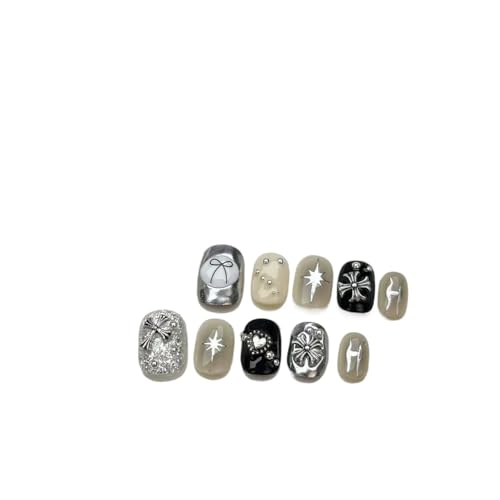 Reusable Handmade Press-on Nails - 60s Quick Wear|Detachable & Multi-Style|Cost-Effective|Eco-Friendly|Short Black Glitter Bow Design for Daily/Party, Sweet Cool Aesthetic (Short)