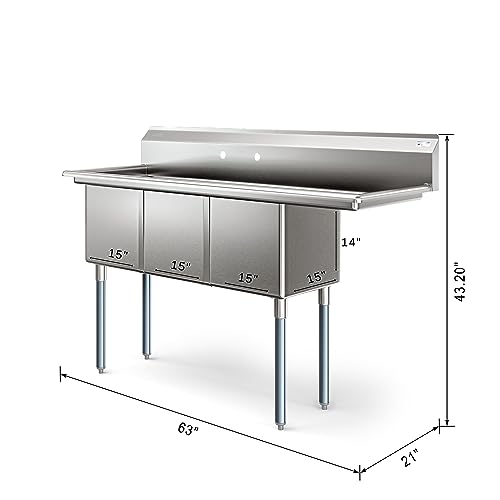 Image of KoolMore 63 in. Three Compartment 18-Gauge Stainless-Steel NSF Commercial Kitchen Sink, Bowl Size 15x15x14, with Three Basins and Pre-Drilled Faucet Holes for Restaurants and Cafes (KM-SC151514-15R3)