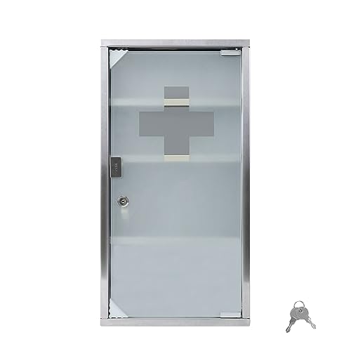 TRMLBE Botiquín de Acero Inoxidable Armario botiquín con Cerradura Botiquín de Farmacia con Puerta de Vidrio Incluye 2 Llaves 30 x 12 x 57,5 cm Blanco (con 4 Compartimentos)