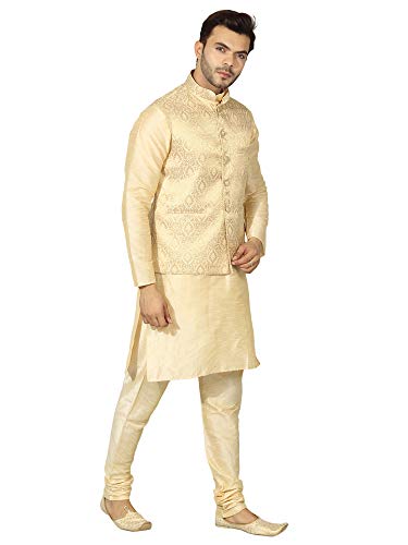 Image of Uri and MacKenzie Men's Silk Blend Regular Kurta Churidar Pyjama with Bundi Nehru Jacket /Waistcoat