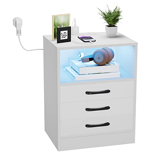 Rcynview Nachttisch Weiß mit LED Licht und Steckdose, Nachtschrank aus...