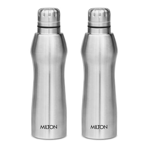 MILTON Elate 1000 Stainless Steel Water Bottle 840 ml, Set of 2, Single Walled, ISI Certified I Leak Proof Lid, Rust Proof I For School, Office, Gym I Silver