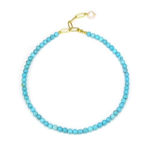 Turquoise Necklaces for Women, Freshwater Pearl Turquoise Beaded Choker for Women Bohemian Turquoise Jewelry, 18k Gold Plated Adjustable Chain