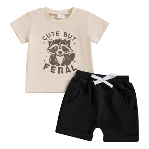 Sejardin Infant Baby Boy Summer Clothes Letter Print Short Sleeve T Shirt Tops and Stretch Shorts Cute Baby Boy Outfit (Raccoon Beige, 6-12 Months) Cover