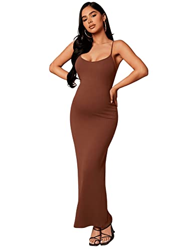 Verdusa Women's Maternity Spaghetti Strap Sleeveless Bodycon Maxi Cami Dress Rust Brown M #TOP2