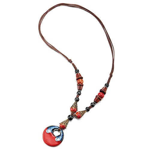 Coolsteelandbeyond Boho Ethnic Long Necklace Wood Beads Black Red Gem Stone String With Dangling Oval Charm #TOP24