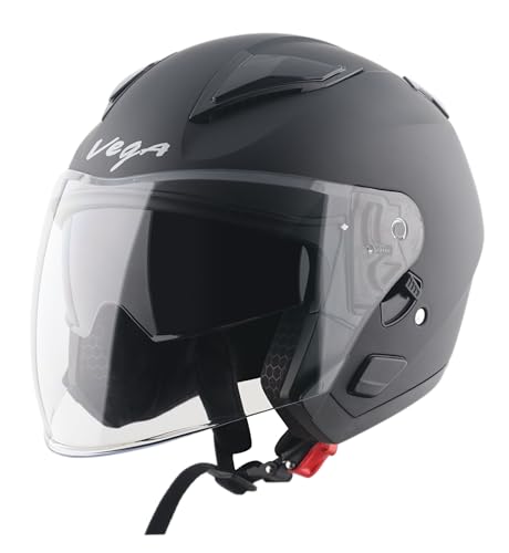 Image of Vega VO 03 Swift Dual Visor Open Face Motorcycle Helmet with Matte Shock-Absorbing Shell, Comfortable Interior, Ventilated Fit, Trendy Dull Black Finish Dull Black L