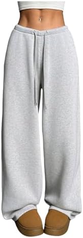 RoseSeek Women's Drawstring Waist Straight Streetwear Long Wide Leg Pants Casual Loose Baggy Workout Long Fall Sweatpants Sweatpant Pure Light Grey X-Small