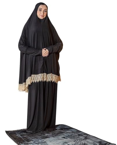 Womens Prayer Dress 2 Pieces Solid Color Plus Long Sleeve | One-Size | Hijab Abaya Suit (Black)