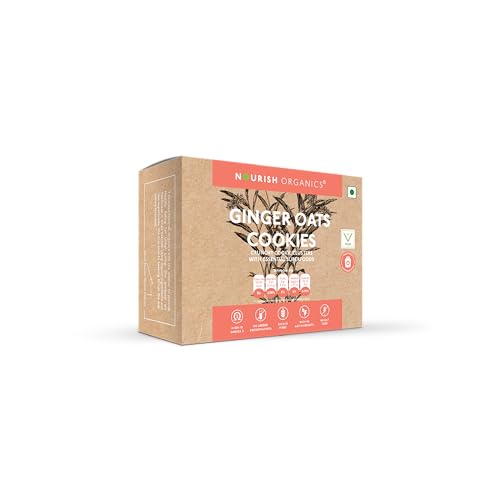 Image of Nourish Organics Ginger Oats Cookies | Wholesome Cookies with Ginger & Oats | Made with Seeds, Almonds & Coconut Jaggery | High Fibre Snack | No Refined Sugar | 120g Pack