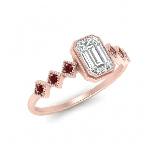 Image of Choose Your Gemstone Bezel Set Emerald Accented Diamond CZ Ring Rose Gold Plated Emerald Shape Side Stone Engagement Rings for Women, Girls and Ladies US Size 4 to 12