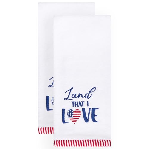 Ritz Land that I Love Embroidered Bath Towels (2-Pack) – Soft Velour 16x26 Bathroom Hand Towels, Red White & Blue Patriotic Decor, Machine Washable