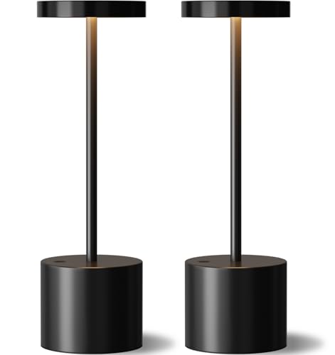 Black Cordless Table Lamp, 4000mAh Rechargeable Battery Powered Lamps, 3 Color Stepless Dimming, LED Wireless Outdoor Lamps for Dining Room, Bedroom, Bar, Cafe, Restaurant, Patio, Camping, Set of 2