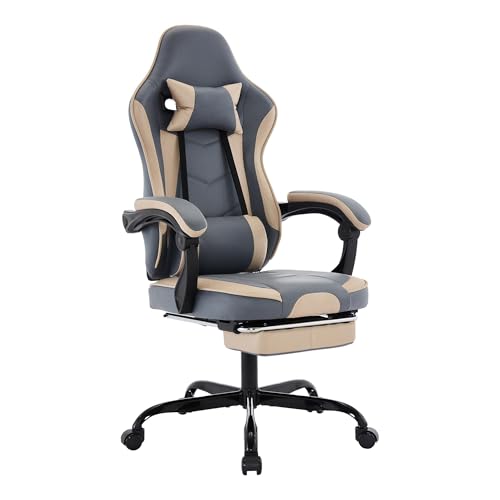 Image of Gaming Chair with Footrest for Home Office - High Back Computer Chair with Headrest and Lumber Support, Ergonomic Height Adjustable Leather Game Chairs (Beige+Blue)