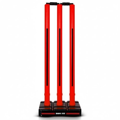 Image of Bodyfit Heavy Cricket Stumps | Plastic Wickets Set with 3 Stumps + 2 Bails + 1 Stand | Full Size Wickets for Cricket Ground, Tournament Wicket. (Red-Black)