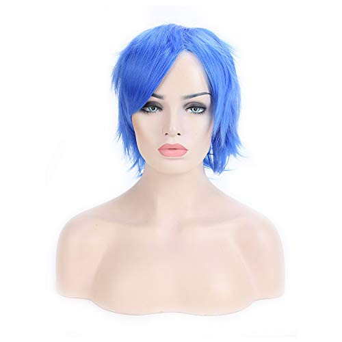 Anime Cosplay Synthetic Full Wig with Bangs 20 Styles Short Layered Fluffy Hair Oblique Fringe Full Head Unisex for Man and Women Girls Lady Fashion (Dark Blue)