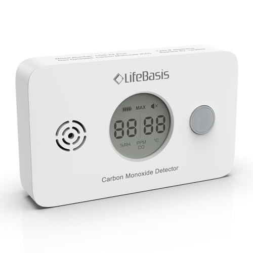 LifeBasis 3-in-1 Carbon Monoxide Detector with Temperature and Humidity Sensing LCD Display CO Alarm and Silence Function Carbon Monoxide Alarm 10 Year Life for Home,Warehouse,Hotel with AA Batteries
