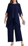 Hanna Nikole Plus Size Chiffon Mother of The Bride Pant Suits for Wedding Womens Pant Suit Set Prom Navy Blue 3X