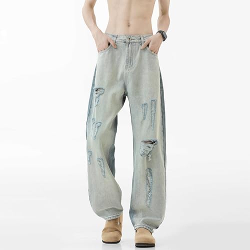Men’s Baggy Patchwork Ripped Jeans Two-Tone Wide Leg Denim Pants with Distressed Front and Contrast Side Panels4