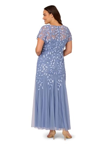 Image of Adrianna Papell Women's Beaded Gown with Godets - Floor Length Gown with Floral Embellishments & Cap Sleeves