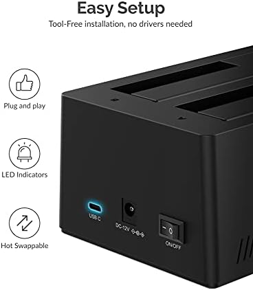 SABRENT 2 Bay USB C Hard Drive Docking Station, SSD HDD 2.5 3.5 inch SATA case Dock, External SSD Enclosure, Power Adapter, Offline cloning, LED Indicator, Tool-Free, USB-c Cables Included (EC-CH2B) — view 4