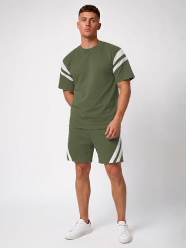 Image of CHKOKKO Men's Co-Ord Set Premium Cotton Blend Oversized T-Shirt & Shorts Cord Set with Side Pockets Round Neck Half Sleeves Solid with Contrasting Stripes Summer or Casual Wear