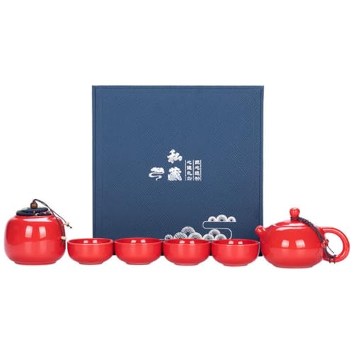 HUMOCHUSON 6-Piece Red Chinese/Japanese Style Ceramic Kung Fu Tea Set - Compact Camping Design