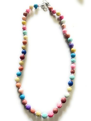 Image of Multicoloured Textured Lawa Bead Necklace, Pastel Rainbow Colours,