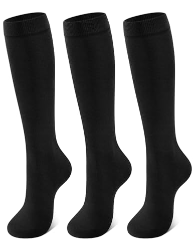 CLOSEMATE Calcetines Altos Mujer Hasta la Rodilla 3 Pares Suaves Cómodos de 80% Algodón Medias Elásticos Transpirables sin Compresion Negros S