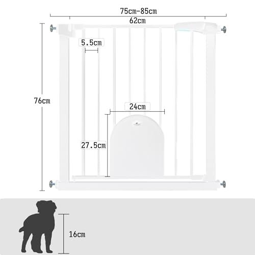 Aufun Treppenschutzgitter Türschutzgitter Kinder ohne Bohren, für 75-85 cm breit, Türgitter mit Druckbefestigung, selbstschließend, Metall Gitter, Hundesicherheitsgitter mit Katzenklappe (Weiß)