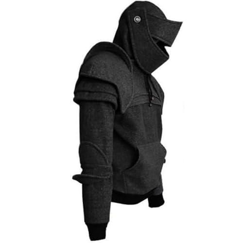 TXGMNA Men's Medieval Knight Hoodie Retro Mask Elbow Protection Hooded Sweatshirts Long Sleeve Pullover Black