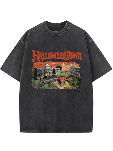 Halloween Shirts Oversized Unisex Vintage Acid Wash T-Shirt Cotton Halloween Fall Short Sleeve Tee Tops for Men Women