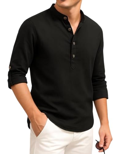 Image of DEEMOON Men's Cotton Blend Solid Regular Fit Full Sleeve Short Kurta | Men's Trendy Short Kurta