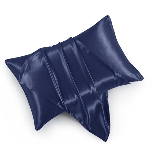 HommxJF Navy Blue Satin Pillowcases with Zipper （20x30）,Queen Size Pillowcases Set of 2, Navy Blue Silk Pillowcase for Hair and Skin