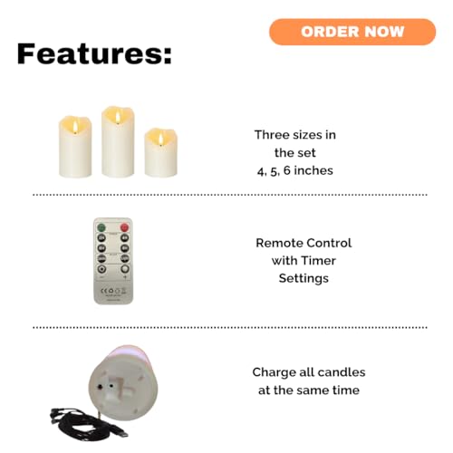 Image of Rechargeable Flameless Candles Set of 3 | Real Wax LED Pillar Candles with Remote & Timer | Realistic Flickering Flame | Battery Operated | for Thanksgiving, Holiday, Halloween Decoration & Gift