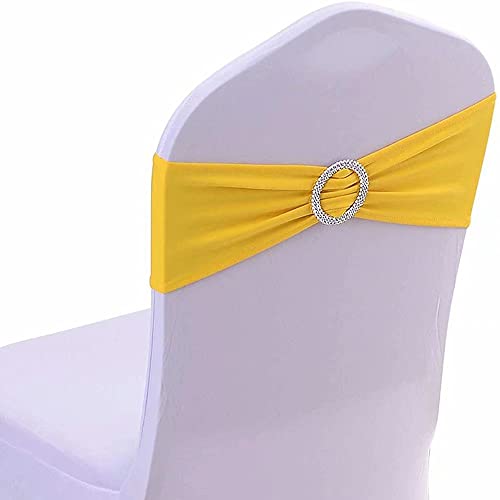 Litbu 10Pack Chair Sashes Elastic Spandex Chair Cover Bands with Sparkly Circle Buckle,Stretchy Chair Ribbons for Wedding  Party  Anniversary  Banquet  Birthday Hotel Chair Covers Decorations Yellow