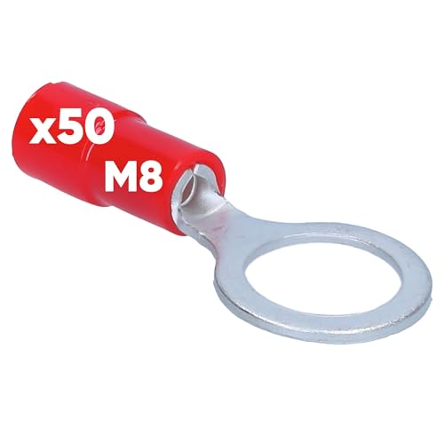 Kalitec RKSRM8 - Capocorda ad anello 0,5 – 1,5 mm², parzialmente isolato, M8, rosso, rame, colletto, PVC, per il collegamento di cavi o fili, capicorda I connettori per cavi proteggono i collegamenti