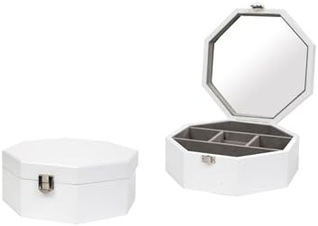 Novell Collection Wooden Jewelry Box in Octagon Shape, with Lifting Lid with Mirror (White)