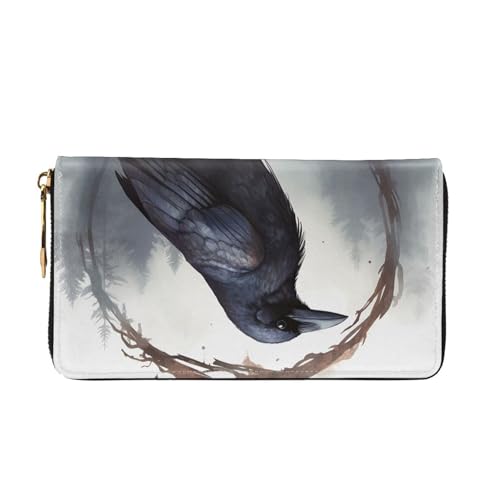Black Crow Women Wallets Leather Zip Around Clutch Purses Waterproof Credit Card Holder With Phone Holder Ladies Travel Coin Purse2