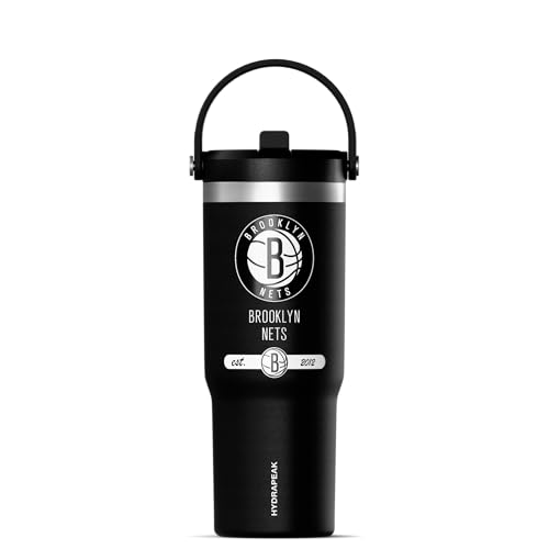 Hydrapeak NBA Officially Licensed Brooklyn Nets Nomad 32oz Insulated Stainless Steel Leakproof Travel Tumbler with Flexible Grip Handle, Straw Lid & Cupholder Friendly Design