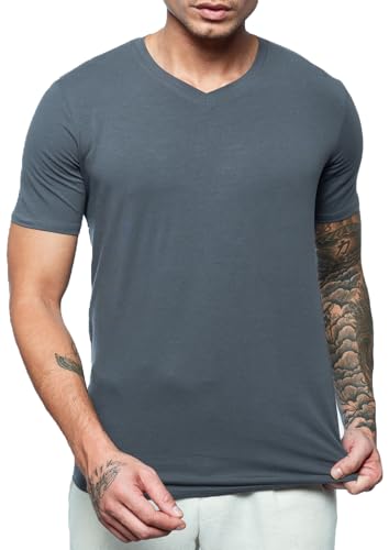 Leif Nelson Herren T-Shirt Slim Fit, V-Ausschnitt Kurzarm Stretch-Shirt, Figurbetontes Basic Oberteil aus hohen Baumwolle-Anteil, T-Shirts Männer Sommer, Grau M