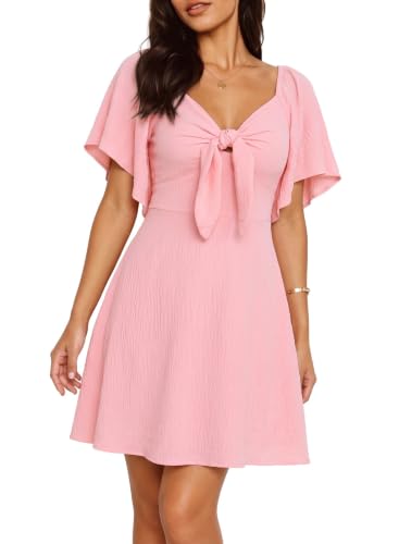 Image of Dokotoo Womens Dresses 2026 Deep V Neck Elegant Bow tie Mini Dress S-XL | Short Sleeve,V Neck,Graduation Party Dress,Elegant,Cocktail,Flowy Beach Vacation Wear,Casual Dress