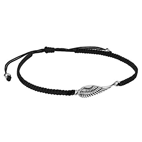 AeraVida Mystical Sideways Heaven's Angel Wing .925 Sterling Silver Charm on Black Adjustable Bracelet | Stylish Handmade Jewelry for Women | Statement Bracelet | Boho Jewelry2