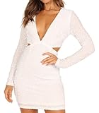 R.Vivimos Women's Glitter Sequin Party Dresses Fall Winter Long Sleeve Sexy Deep V Neck Cut Out Sparkly Club Velvet Mini Dress (X-Large, White)