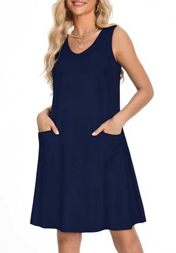 Image of elescat Womens Summer Dresses Casual V Neck Sleeveless Pockets Beach Loose Tank Sundress 2026
