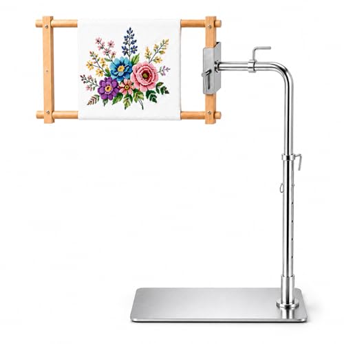 PULJOGDE Embroidery Workstand with Side Clamp Fit for Lowery Base Adjustable Cross Stitch Floor Frame Holder for Q-Snap & Scroll Rods 360 Rotating Metal Needlepoint Sewing Mount