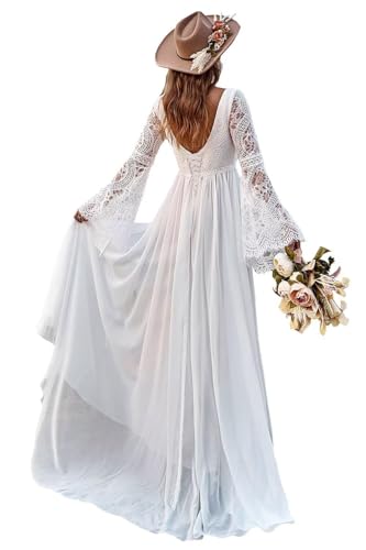 Women's Lace Beach Wedding Dresses for Bride Long Sleeve Country Bridal Dress Bohemian Wedding Gown with Train