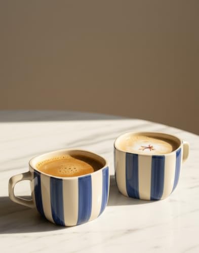 Image of DATA Ceramic Zen Stripes Hand Painted Coffee Mugs in Blue Lines, Set of 6, 199 Ml