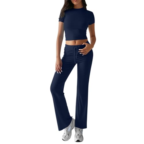 AMDOLE Conjuntos de verano de 2 piezas para mujer, conjunto de ropa de descanso fruncida de manga corta y cintura alta elástica, pantalones anchos y rectos, ropa deportiva casual para el ocio, Azul-A